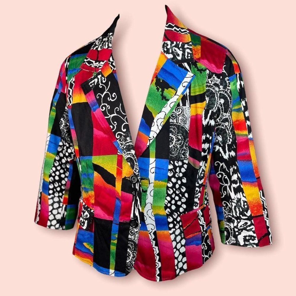 Funky Abstract Rainbow Blazer Vintage Colorful Black White Color Splash Jacket